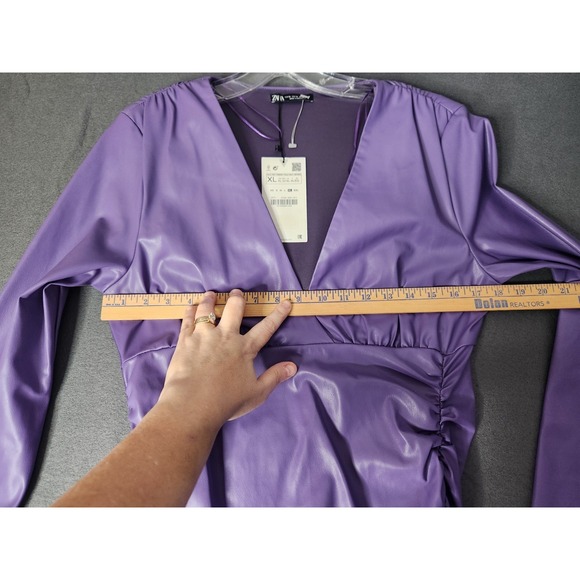 NWT Zara Purple Faux Leather Long Sleeve V Neck Body Con Ruched Dress‎ Size XL - Picture 6 of 14